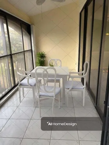 a dining room with furniture and a floor to ceiling window