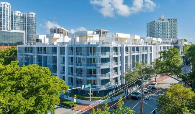 a view of buildings with a yard