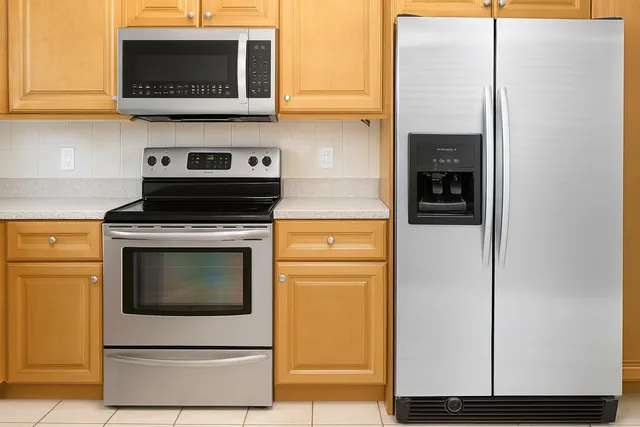 a kitchen with stainless steel appliances a stove a microwave and a refrigerator