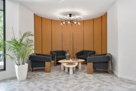 a living room with furniture and a potted plant