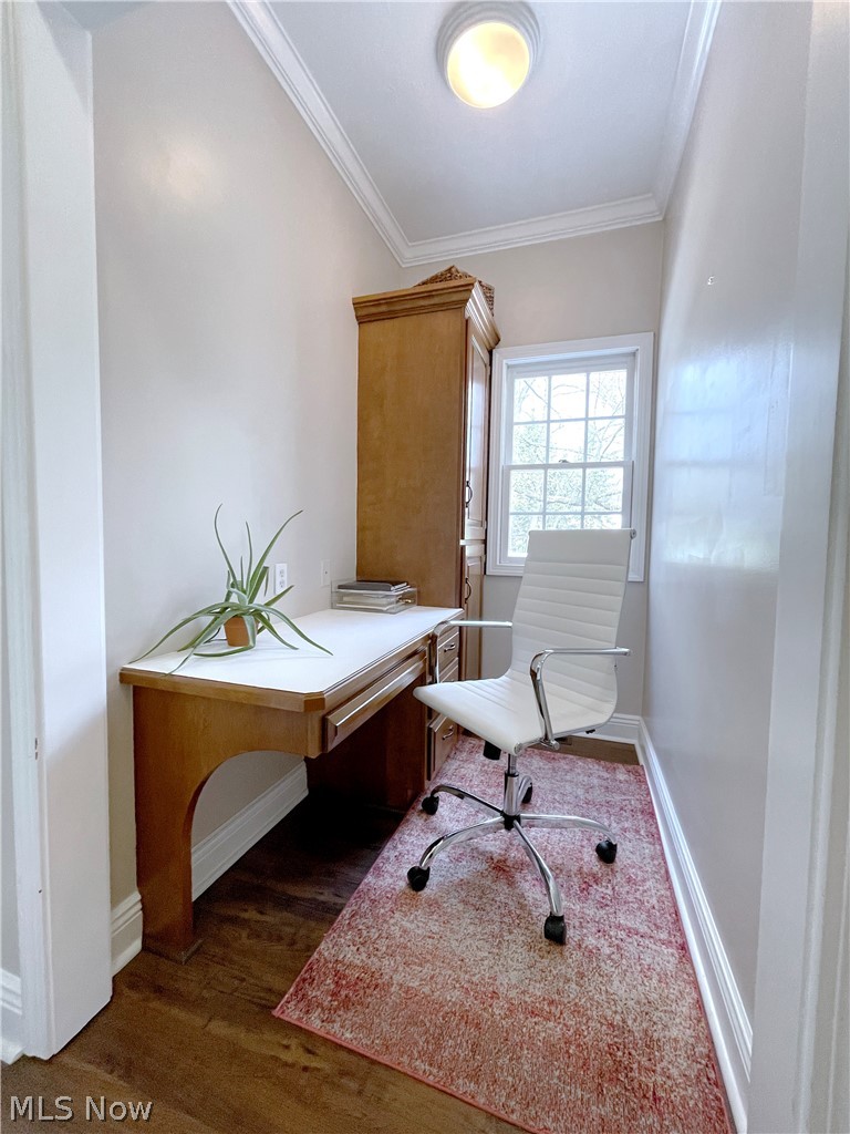 718 Sunridge Road Fairlawn, OH 44333 - Photo 22 of 49 Office area featuring crown molding and dark wood-type flooring