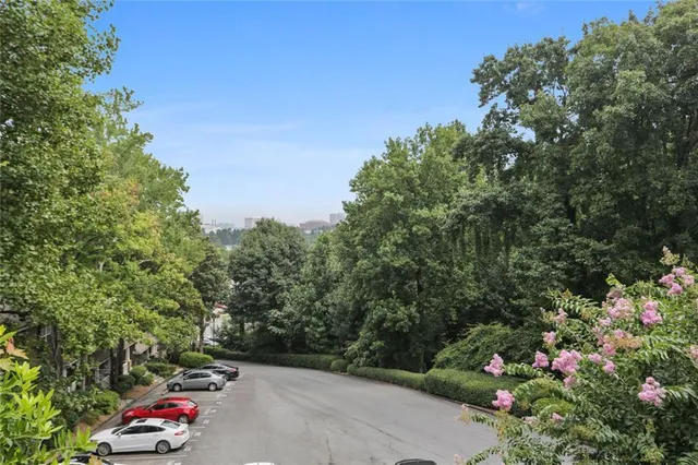 a green field with lots of trees in front of it
