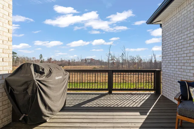 a view of a balcony with wooden floor