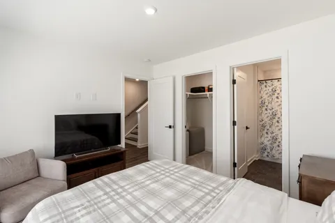a living room with furniture and a table