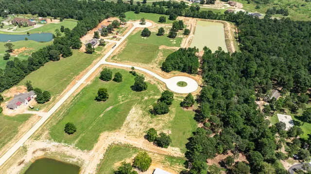 an aerial view of a house with a yard and lake view