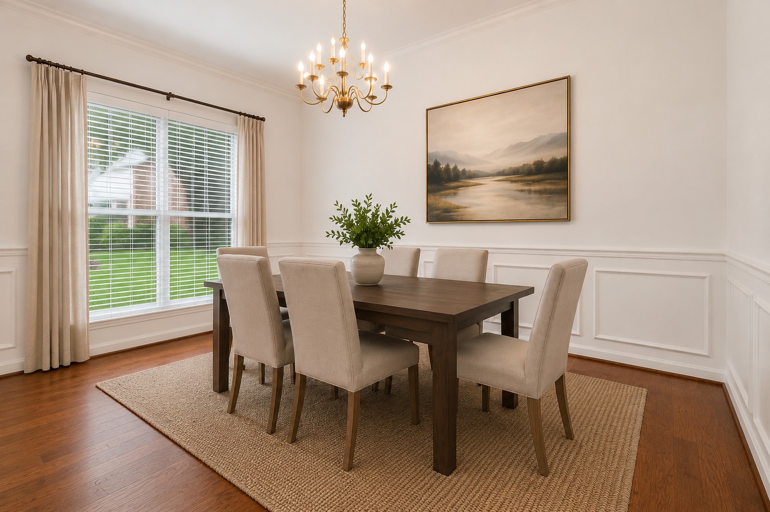 5815 Pheasant Ridge Lane Houston, TX 77041 - Photo 17 of 43 Elegant formal dining room featuring custom crown molding, picture frame molding, and stunning architectural details throughout. A dramatic wall of oversized windows fills the space with beautiful natural light, creating a warm and inviting atmosphere for entertaining family and friends. This photo is virtually staged.