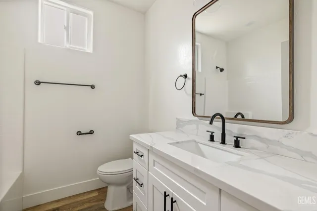 a bathroom with a sink a toilet and mirror