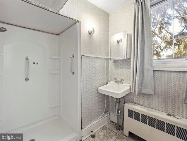 a bathroom with a sink a mirror and a shower