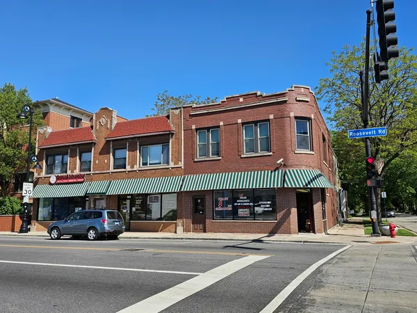 a front view of a building with street