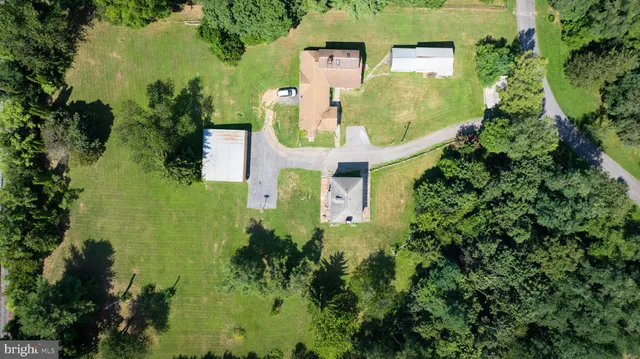 an aerial view of a swimming pool