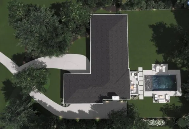 a view of a house with pool and a yard