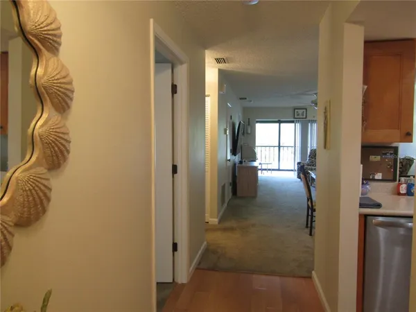 a view of a hallway with closet and a couch