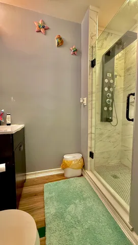 a bathroom with a sink and a shower