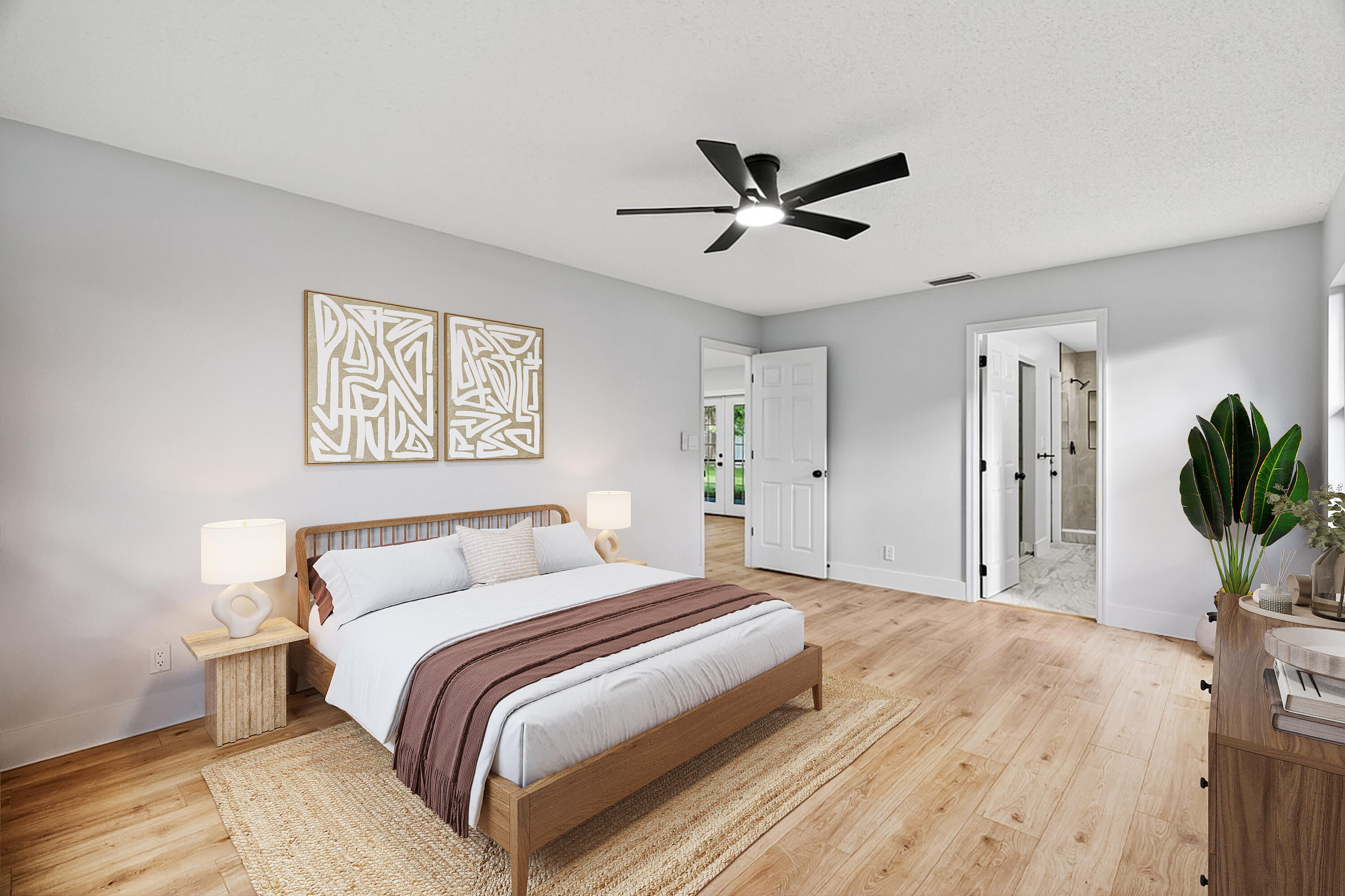 117 High Court Sebastian, FL 32958 - Photo 28 of 54 a bedroom with a large bed a potted plant and a dresser