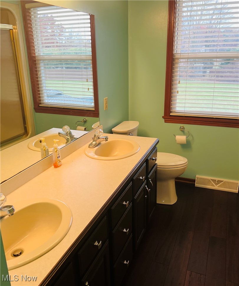 11525 Rapp Road New Middletown, OH 44442 - Photo 27 of 32 Bathroom featuring double vanity, plenty of natural light, dark wood-type flooring, and a shower with shower door