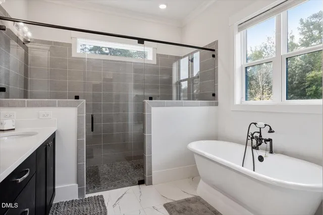 a bathroom with a bathtub and a shower