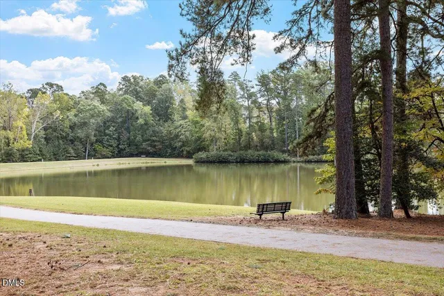 a view of a lake with a yard and a large tree
