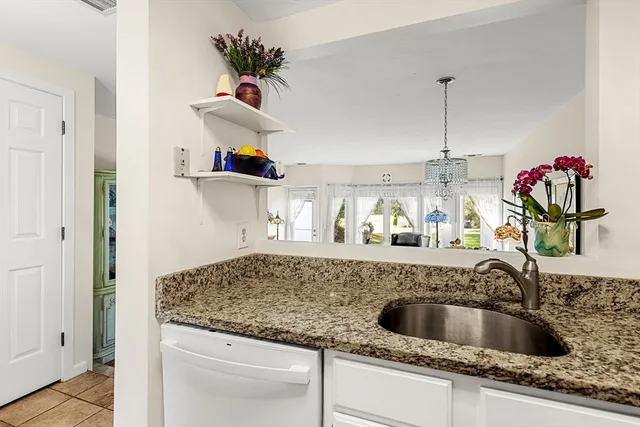 a kitchen with sink cabinets and a potted plant