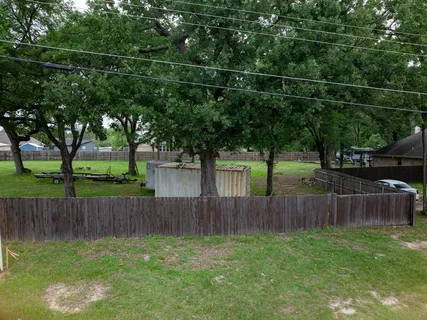 a view of a backyard with wooden fence and a tree
