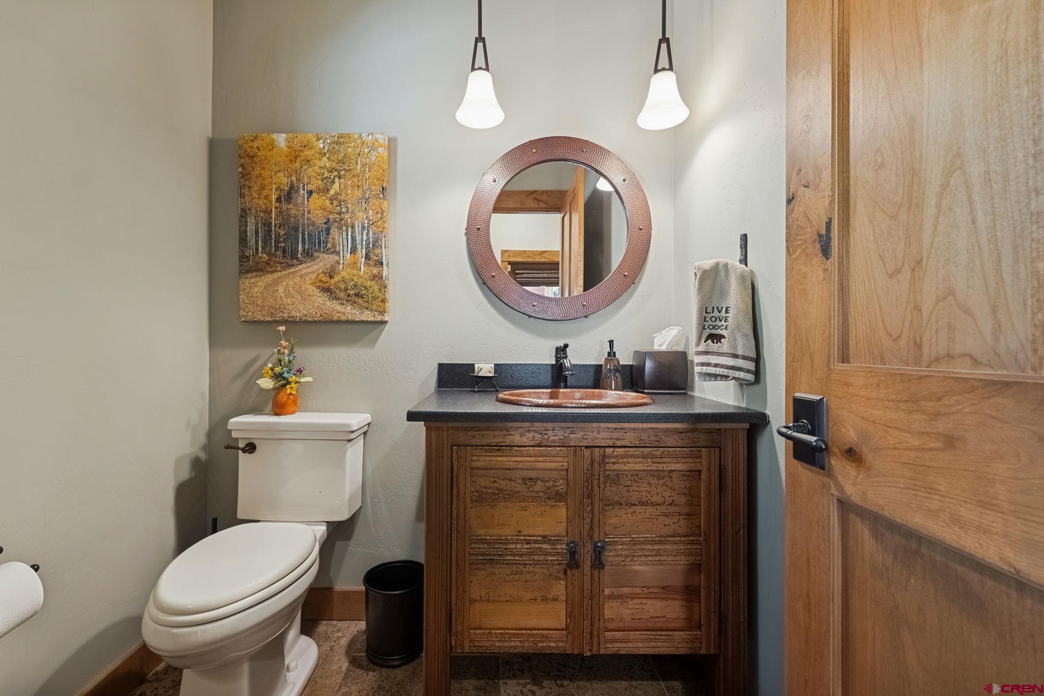 449 Monarch Crest Trail Durango, CO 81301 - Photo 24 of 45 a bathroom with a toilet a sink and a mirror