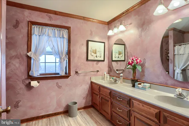 a bathroom with a double vanity sink and a mirror