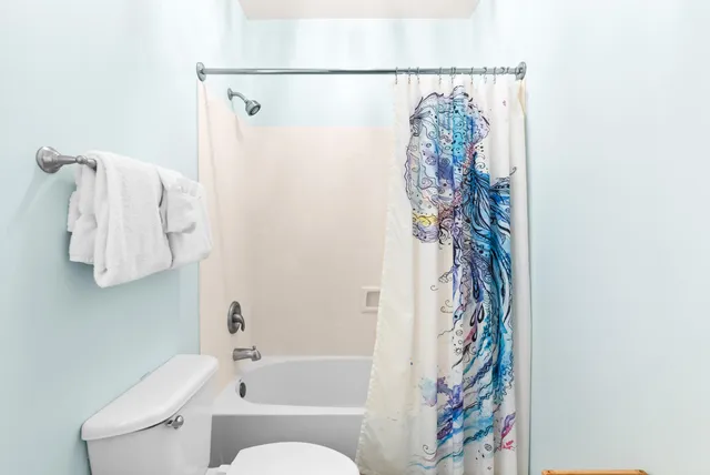 a bathroom with a shower curtain and a curtain