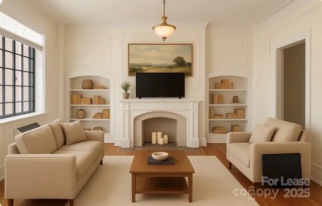 a living room with furniture a fireplace and a flat screen tv