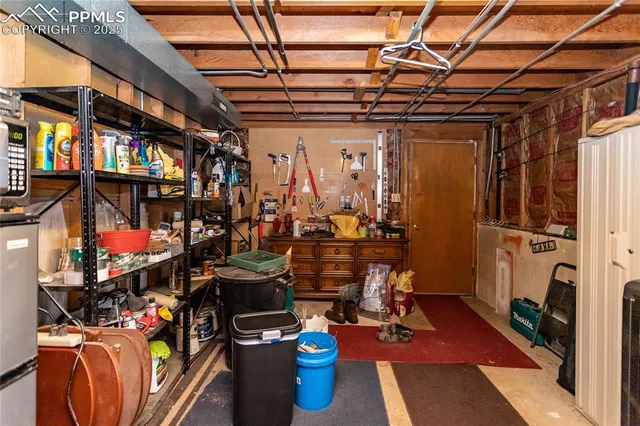 a view of a storage room with shelves