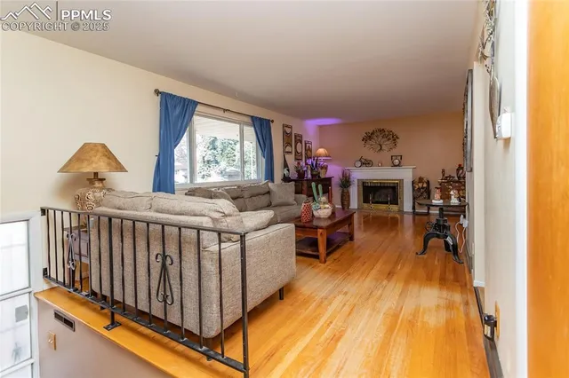 a living room with furniture windows and a fireplace
