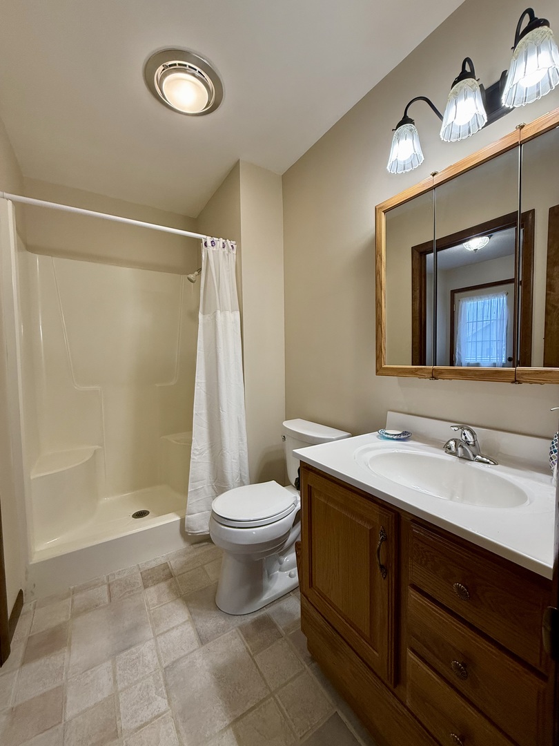 203 West Summit Street Gifford, IL 61847 - Photo 14 of 22 a bathroom with a double vanity sink toilet and shower