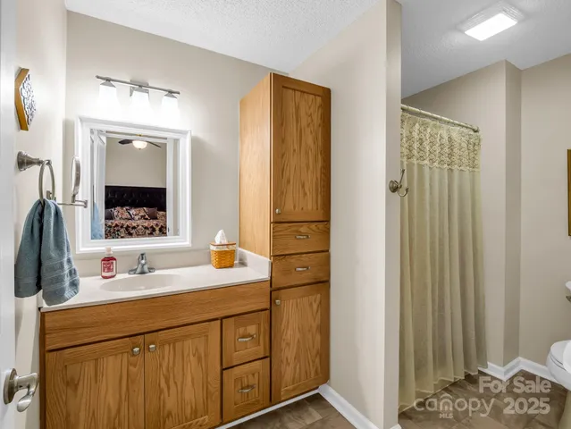 a bathroom with a sink a mirror and a shower