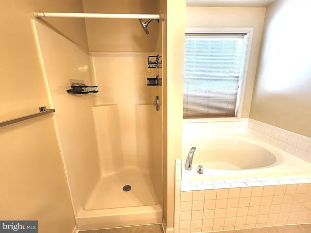 a bathroom with a bathtub and shower