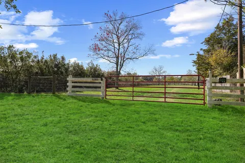 a view of a yard with wooden fence