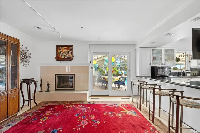 a living room with stainless steel appliances furniture a rug and a fireplace