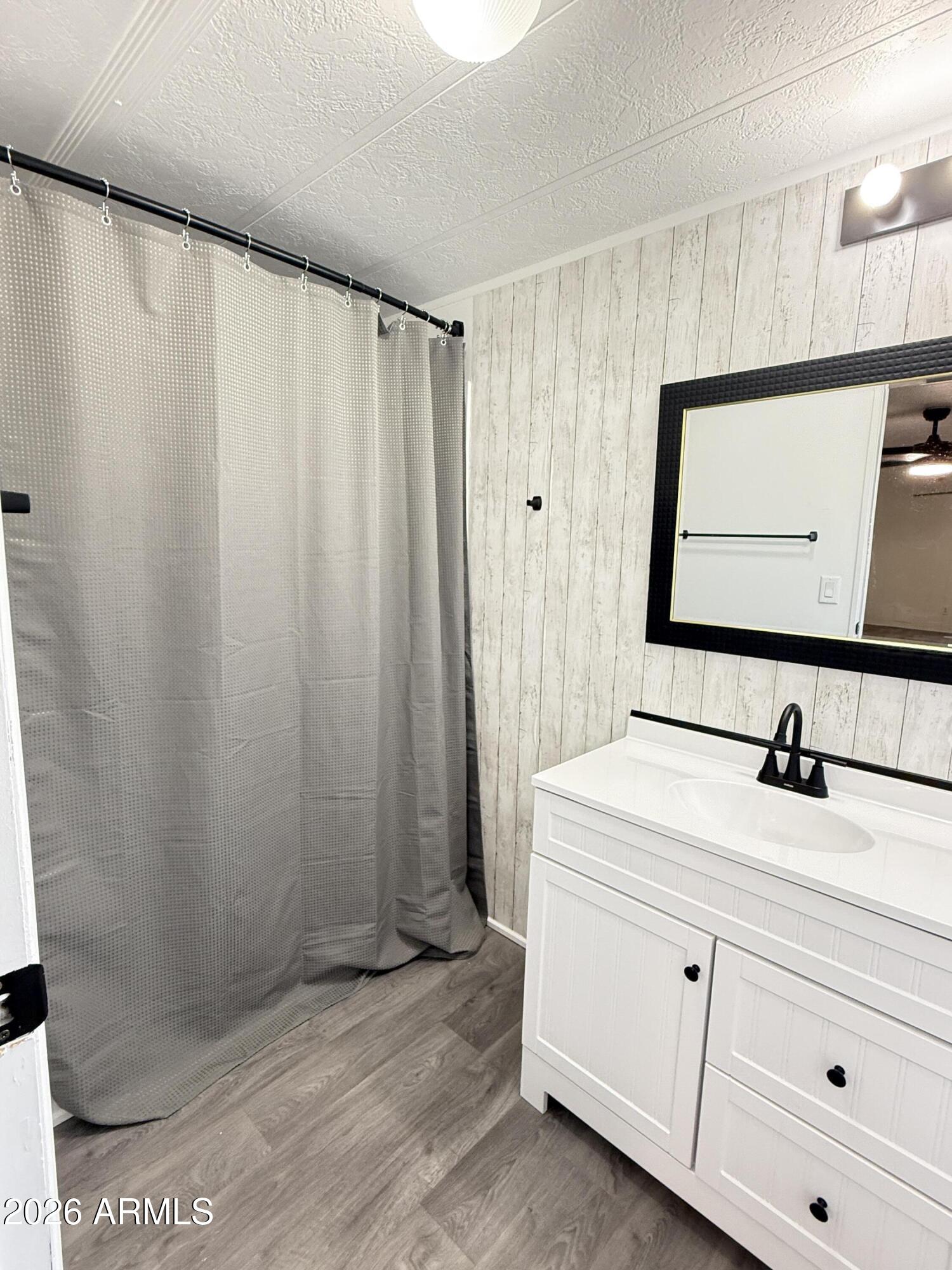 535 South Alma School Road, Unit 113 Mesa, AZ 85210 - Photo 17 of 41 a bathroom with a sink a mirror and a shower curtain