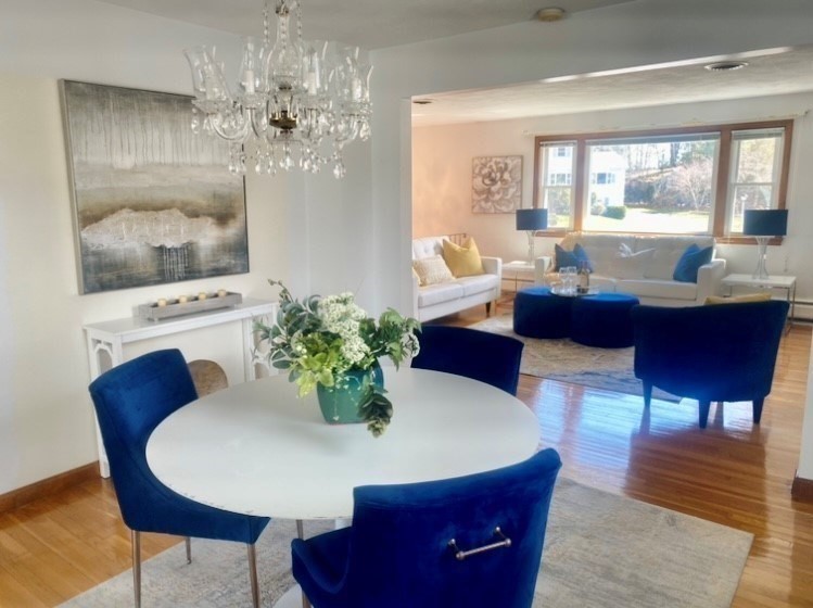 8 Sycamore Lane Saugus, MA 01906 - Photo 4 of 39 a view of a dining room with furniture a chandelier and wooden floor