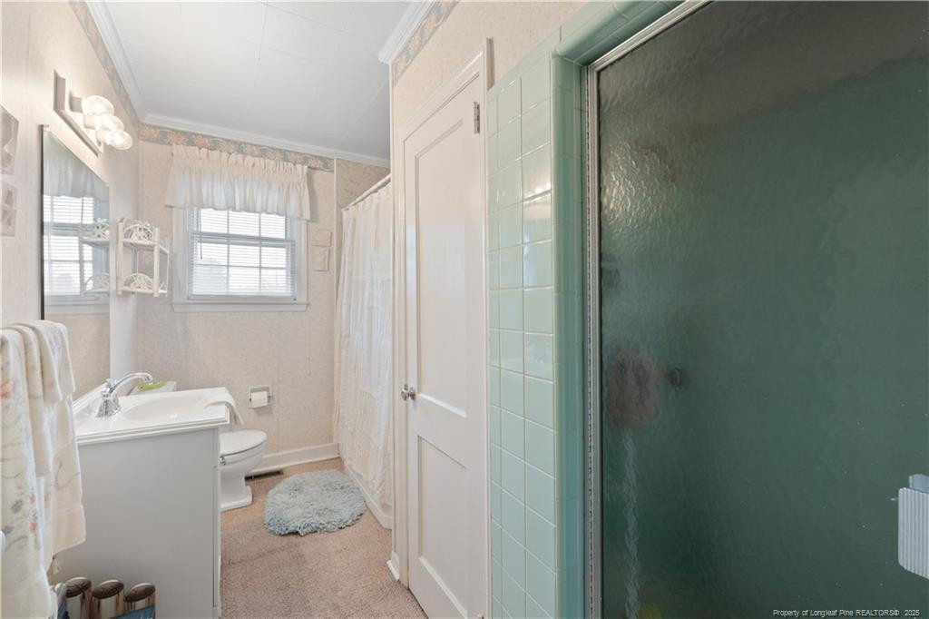 6131 Stewart Road Godwin, NC 28344 - Photo 16 of 27 a bathroom with a sink a toilet and shower
