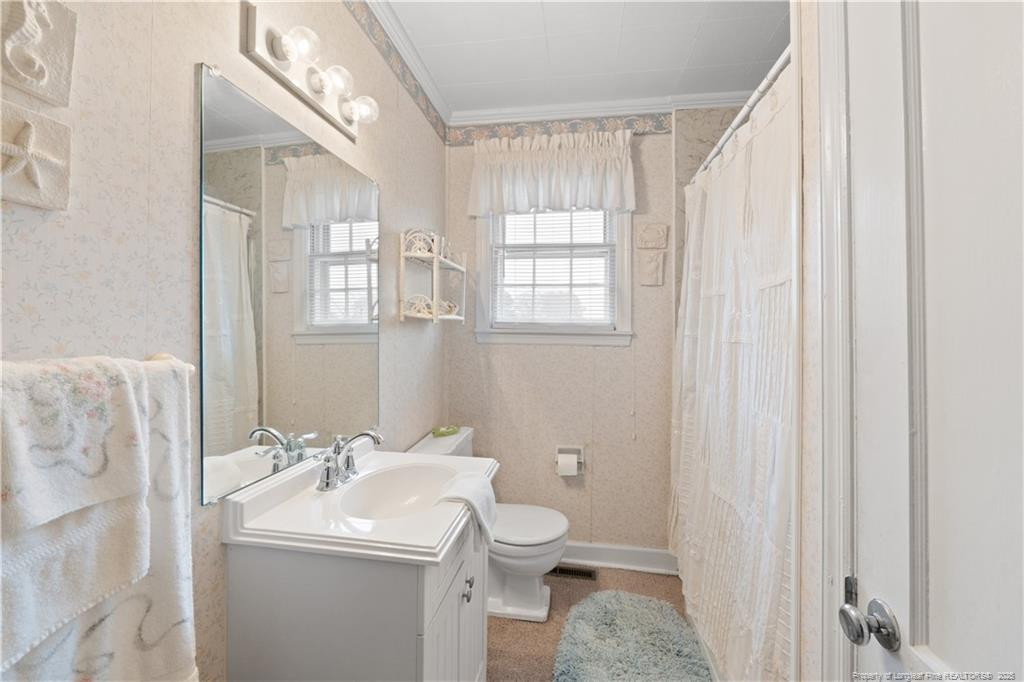 6131 Stewart Road Godwin, NC 28344 - Photo 17 of 27 a bathroom with a toilet sink and mirror