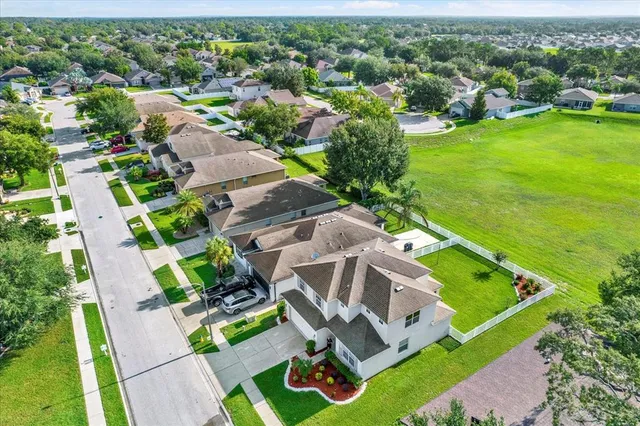 an aerial view of a pool