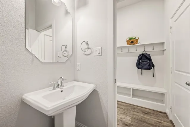a bathroom with a sink and a mirror