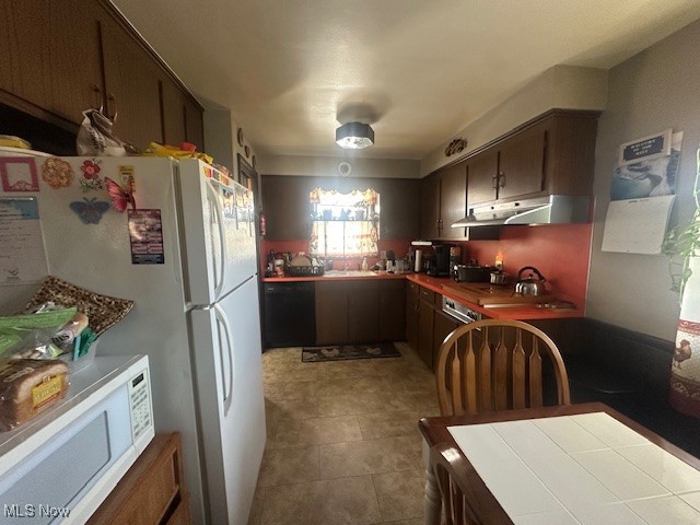 9717 Alexander Road Cleveland, OH 44125 - Photo 4 of 13 Kitchen with white appliances, under cabinet range hood, and dark brown cabinets