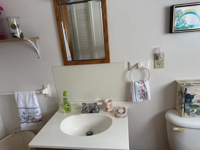 a bathroom with a toilet sink and mirror