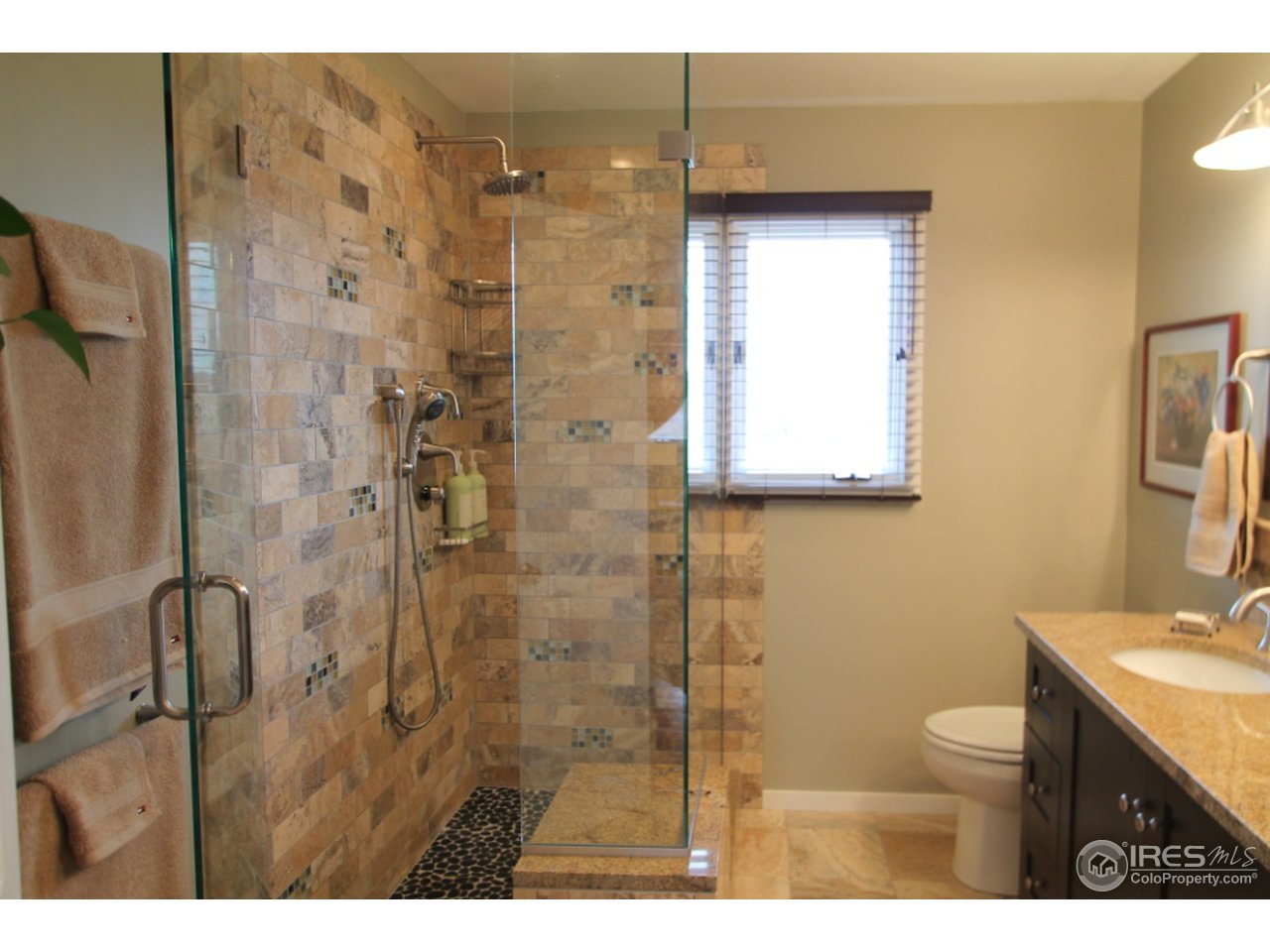 411 High Court Fort Collins, CO 80521 - Photo 14 of 25 a bathroom with a granite countertop sink a toilet and shower
