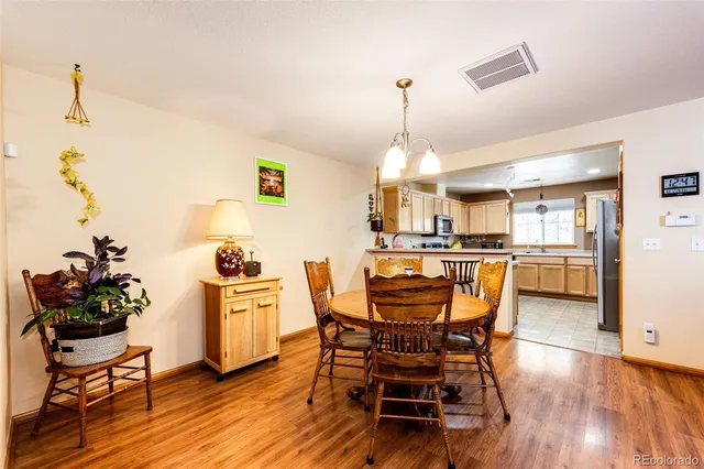 a view of a dining room with furniture and wooden floor