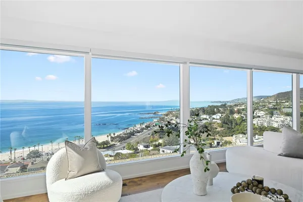 a living room with furniture and floor to ceiling window