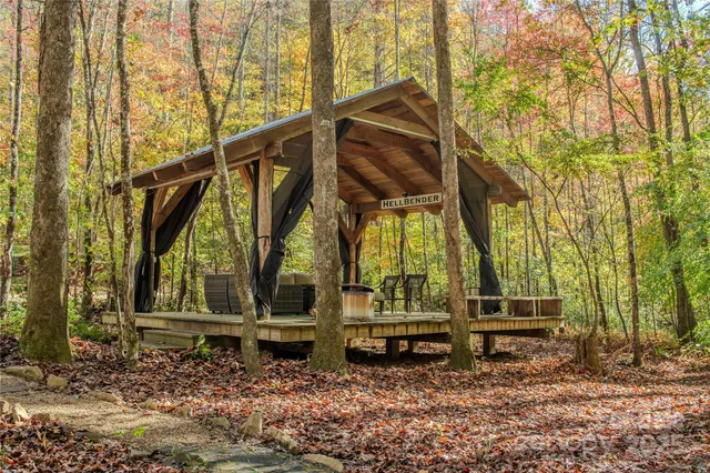 a view of a swimming pool with lawn chairs and plants