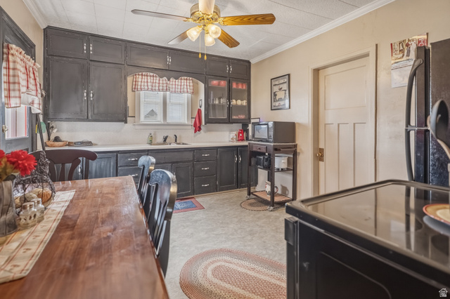 82 South 100 West Lyman, UT 84749 - Photo 14 of 27 Kitchen with black appliances, crown molding, a ceiling fan, glass fronted cabinets, and light floors