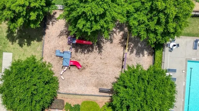 an aerial view of a backyard