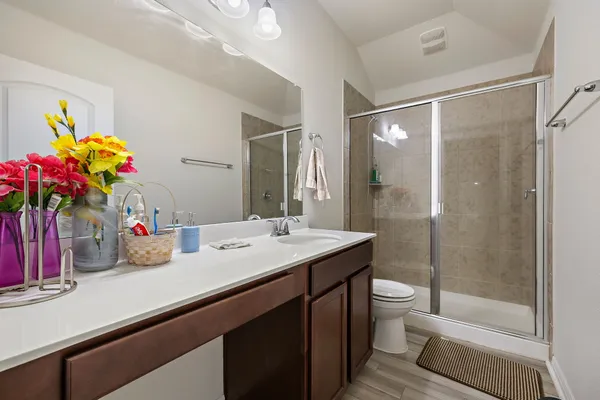 a bathroom with a sink vanity mirror and toilet