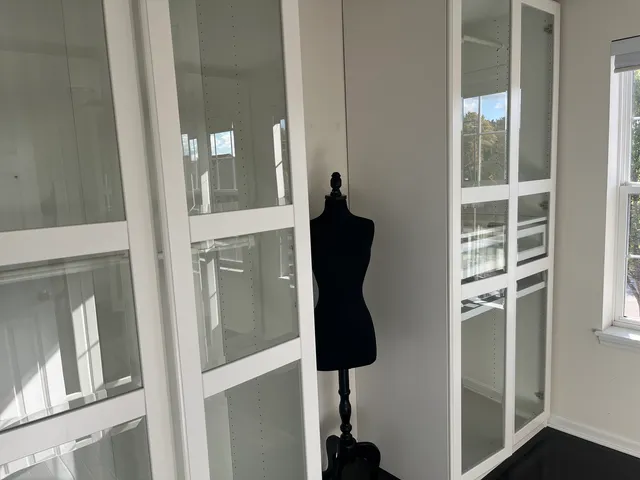 a close view of a walk in closet